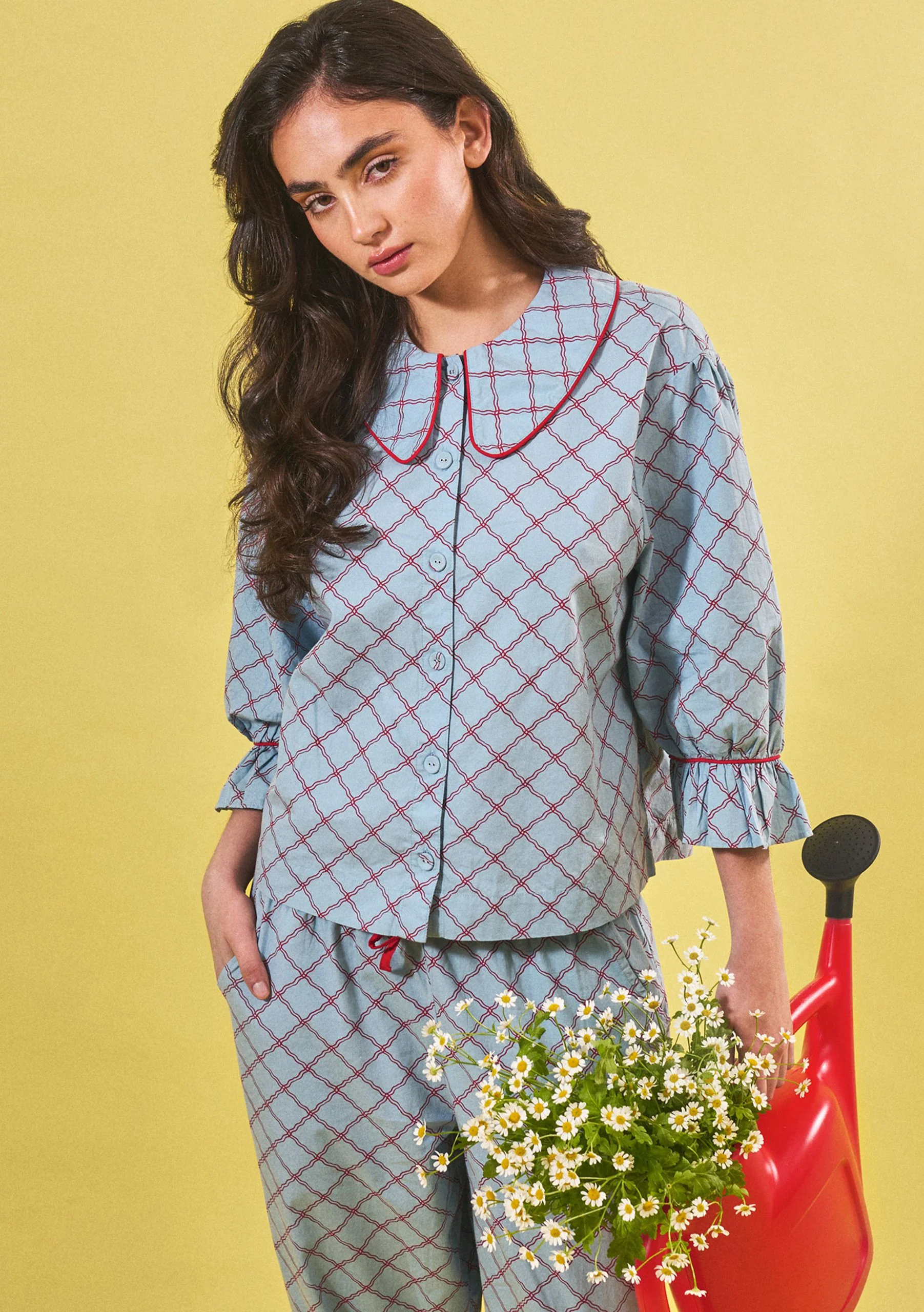 Cropped Cotton Pyjamas in Blue Lattice - Image 2