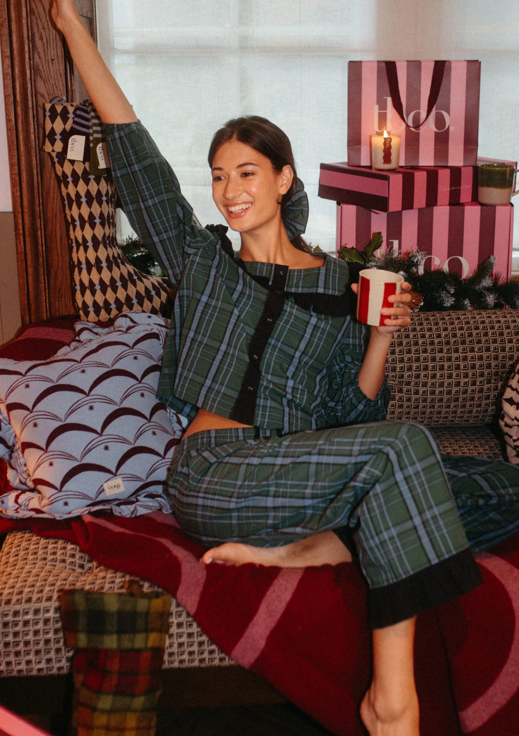 Cropped Cotton Pyjamas in Green Tartan