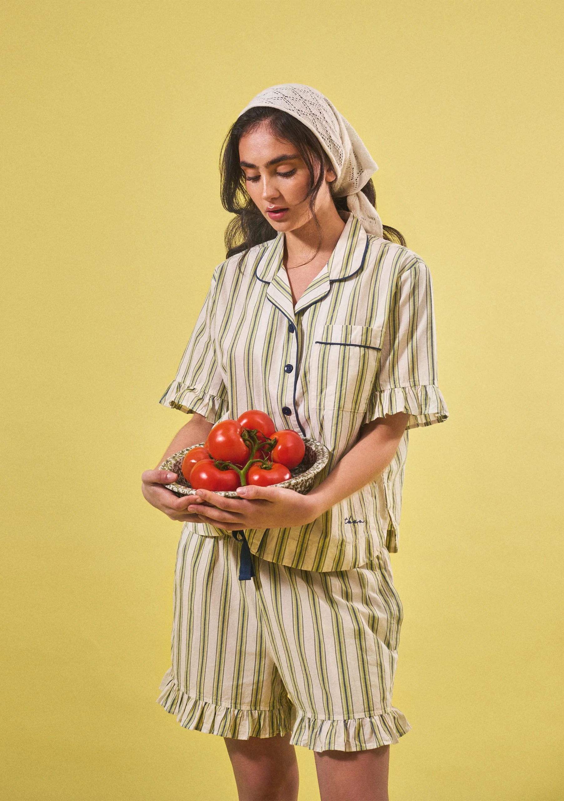 Cotton Pyjamas in Olive Stripe Ruffle - Image 2