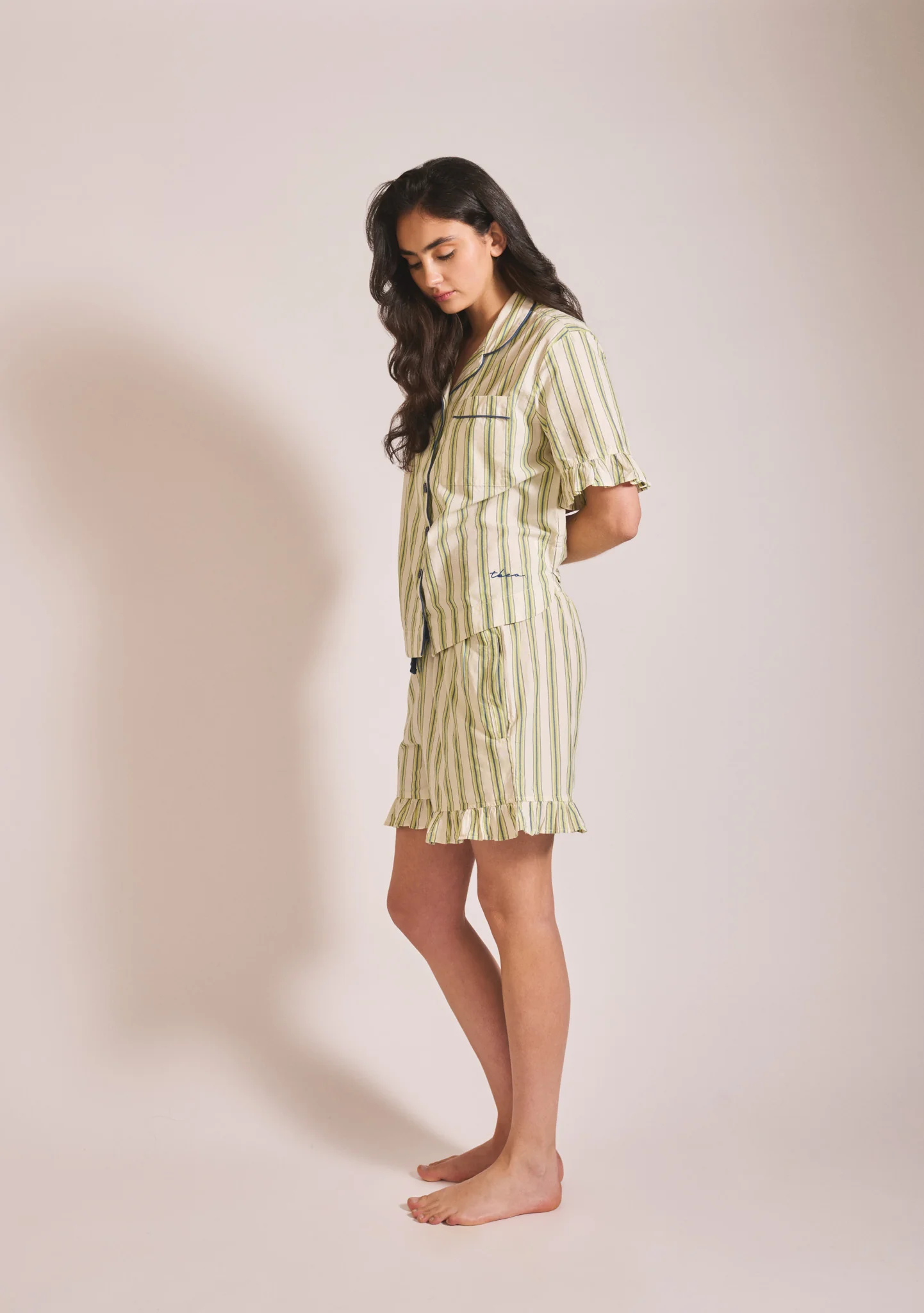 Cotton Pyjamas in Olive Stripe Ruffle - Image 3