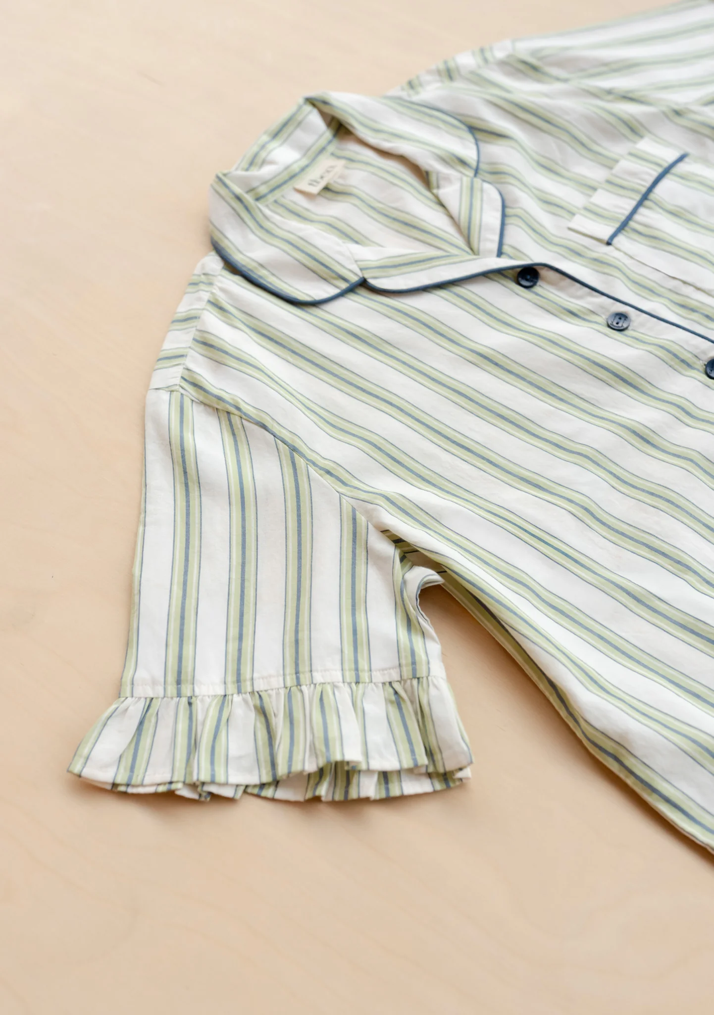 Cotton Pyjamas in Olive Stripe Ruffle - Image 7