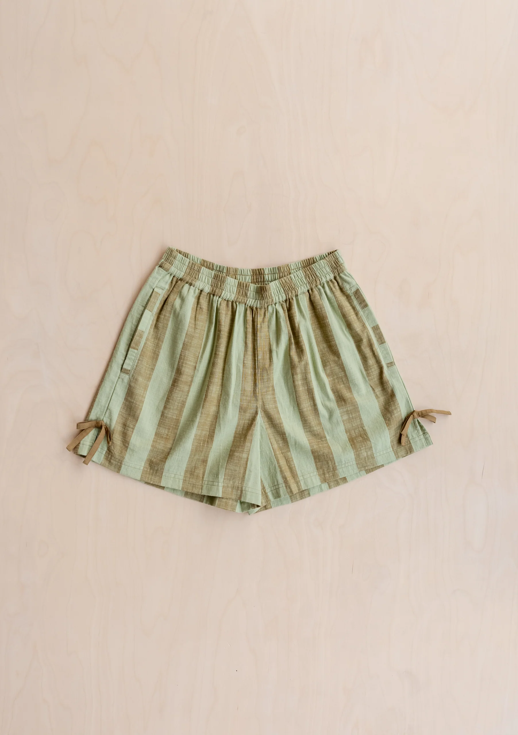 Cotton Tie Shorts in Green & Brown Stripe - Image 2
