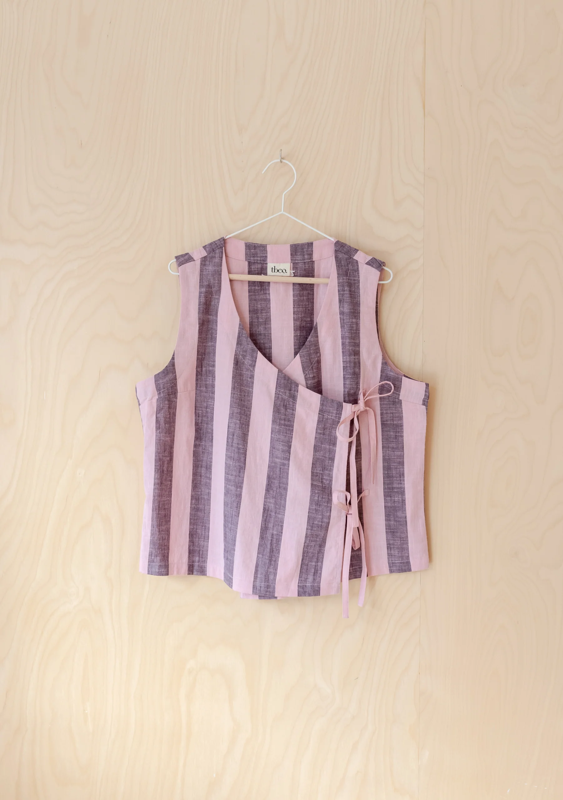 Cotton Tie Top in Pink & Burgundy Stripe - Image 2