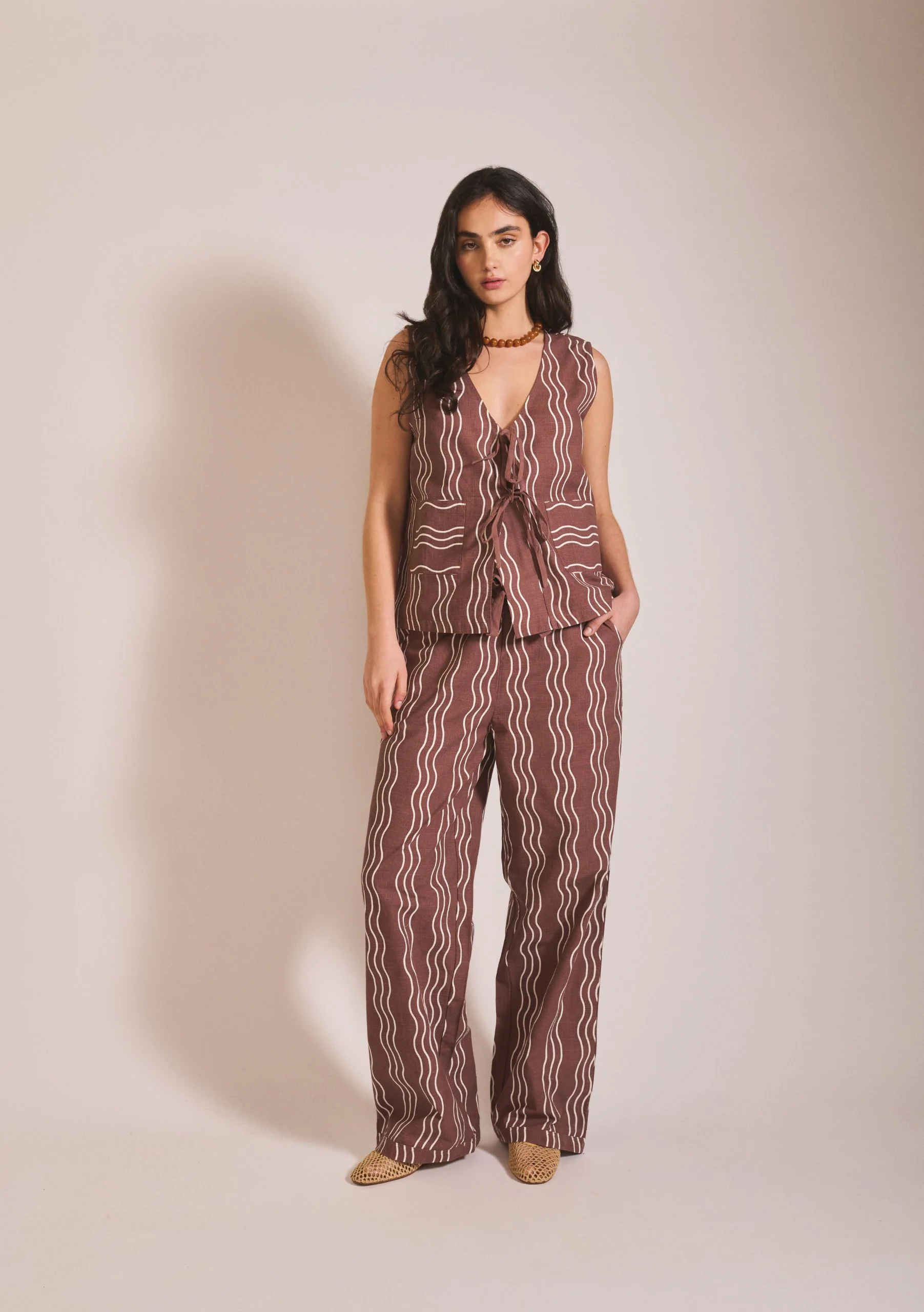Cotton Tie Vest in Brown Wave - Image 3