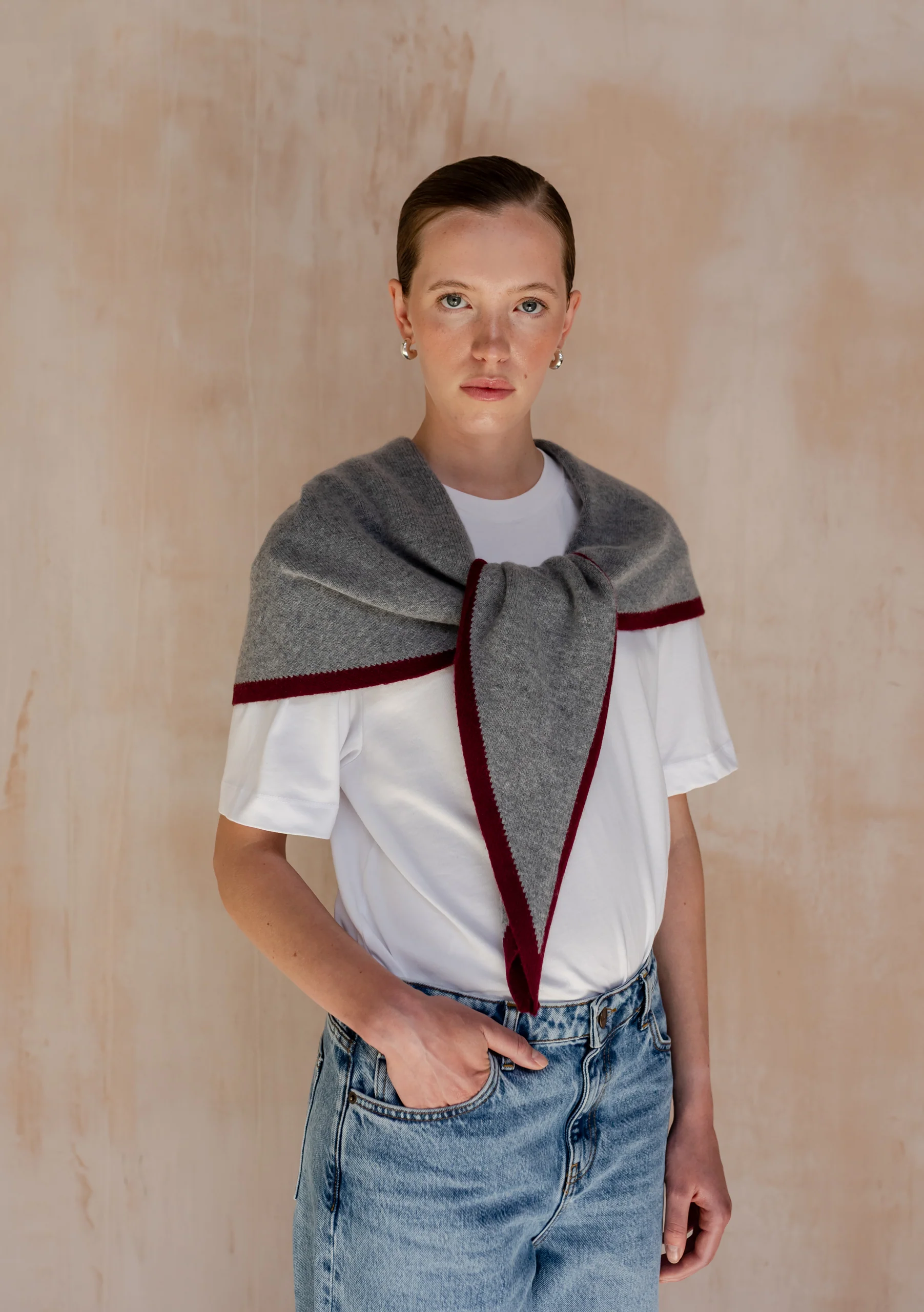 Large Merino Wool Triangle Scarf in Charcoal & Burgundy