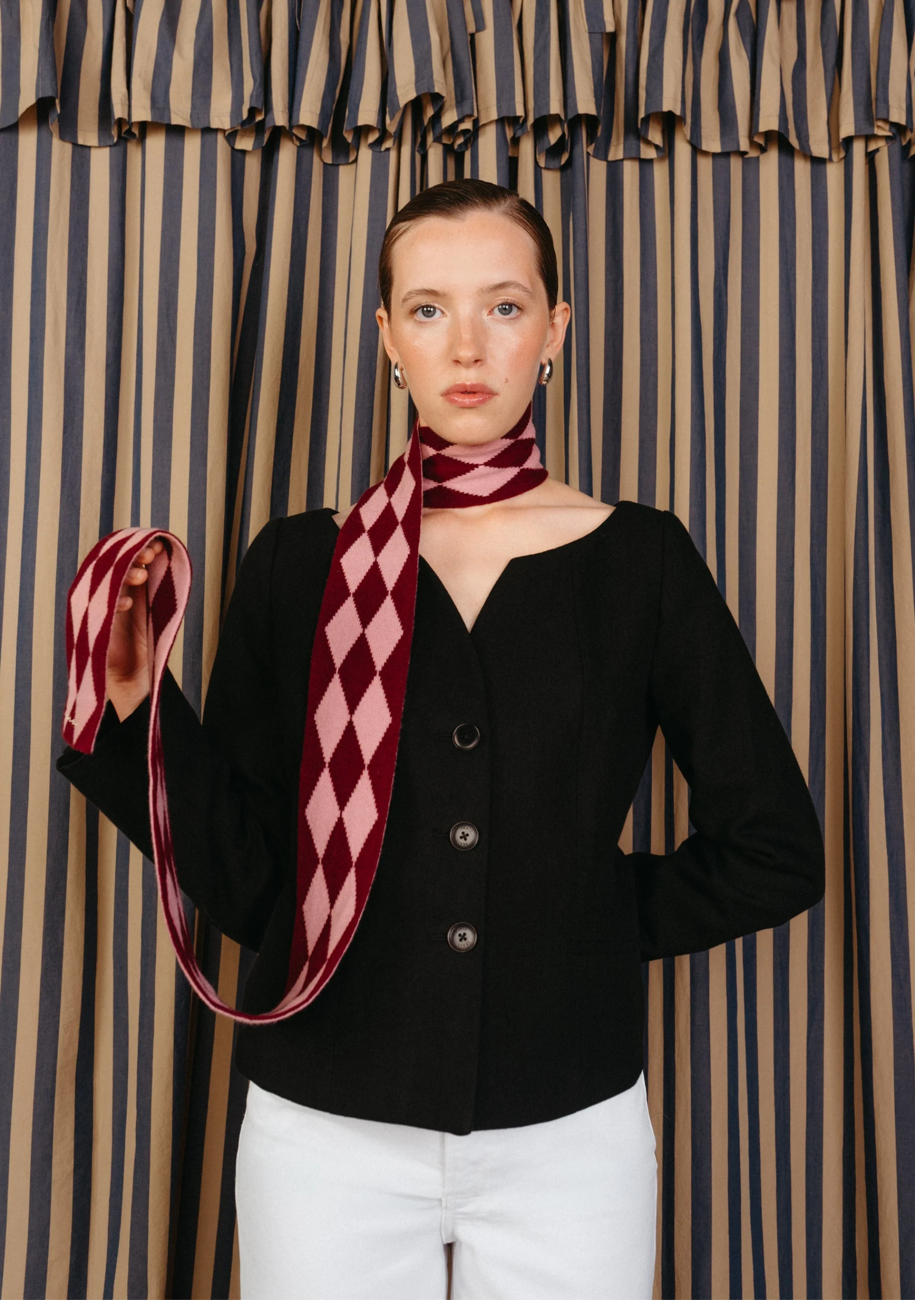 Merino Wool Skinny Scarf in Burgundy Harlequin
