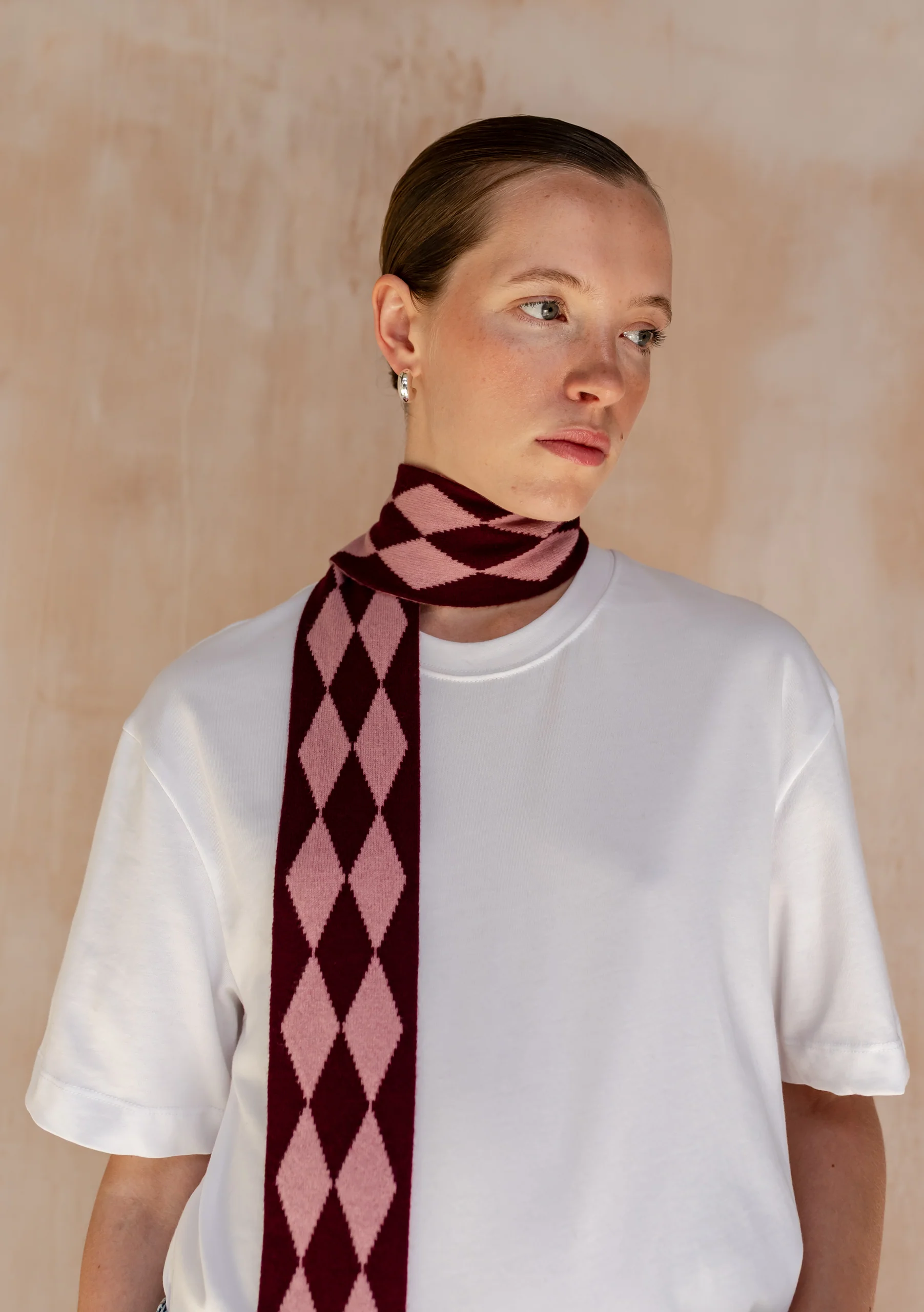 Merino Wool Skinny Scarf in Burgundy Harlequin - Image 3