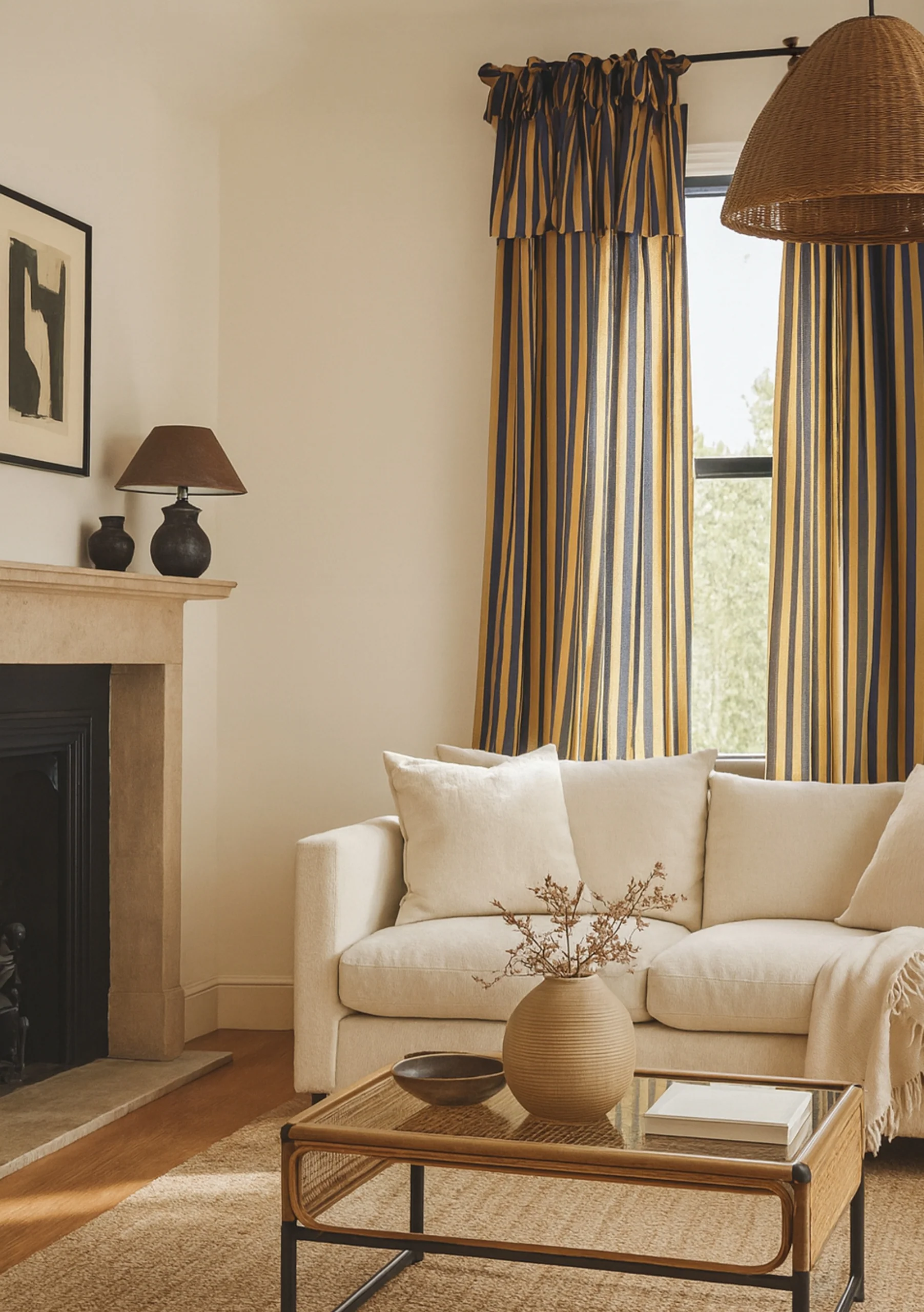 Pair of Cotton Tie-Top Curtains in Navy Stripe - Image 2