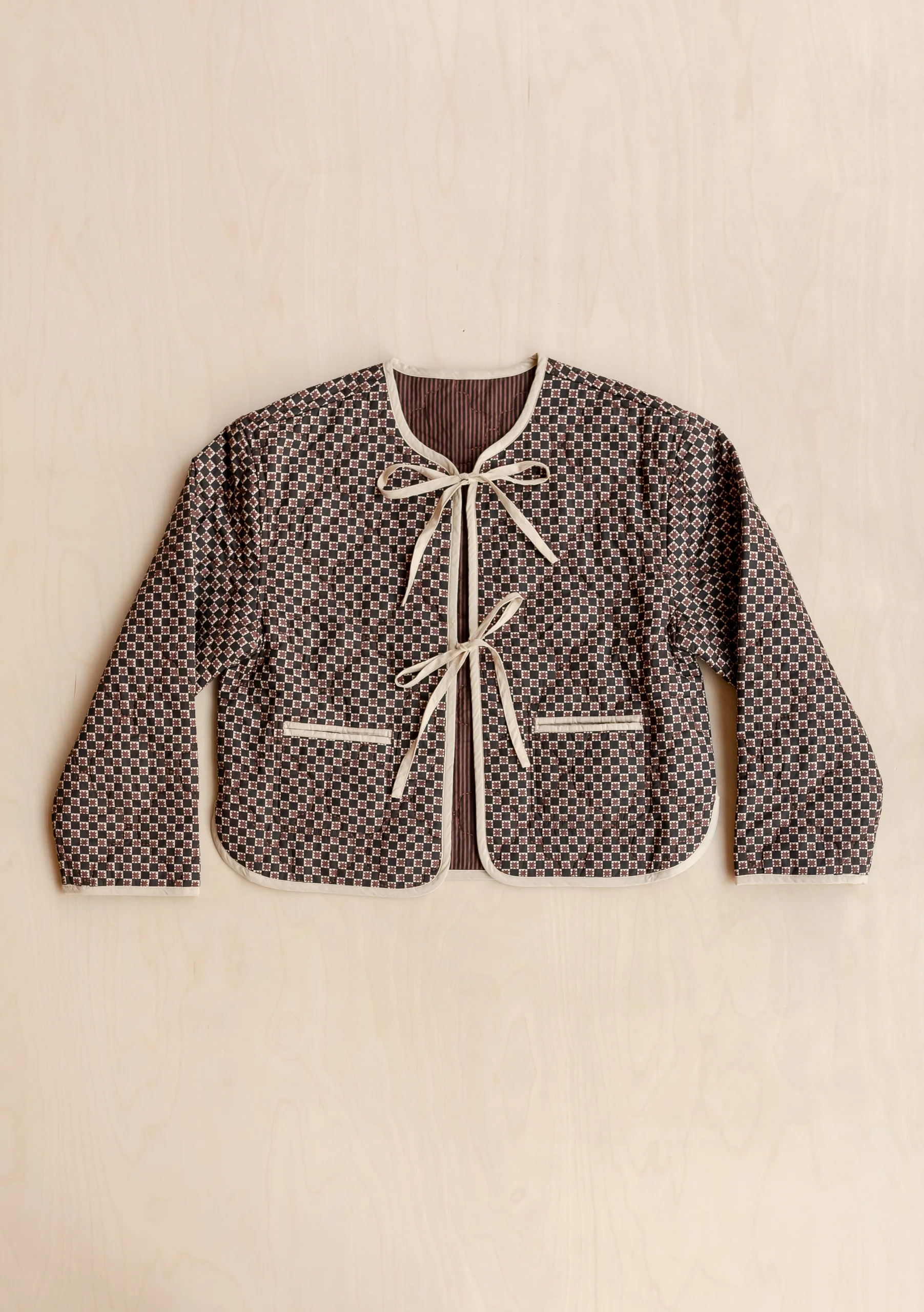 Quilted Cotton Jacket in Reversible Brown Celestial Stripe - Image 3
