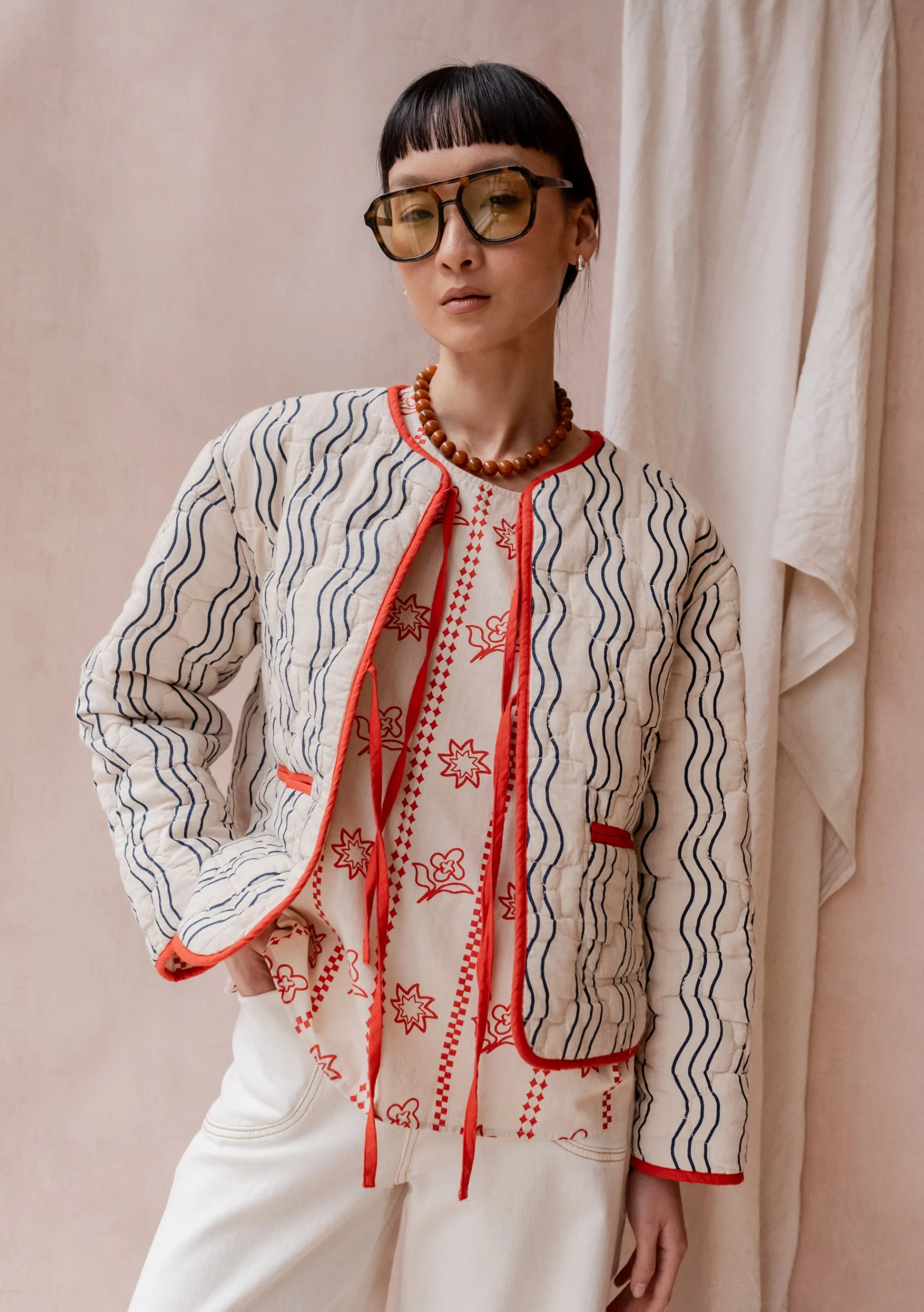 Quilted Cotton Jacket in Reversible Flora Wave