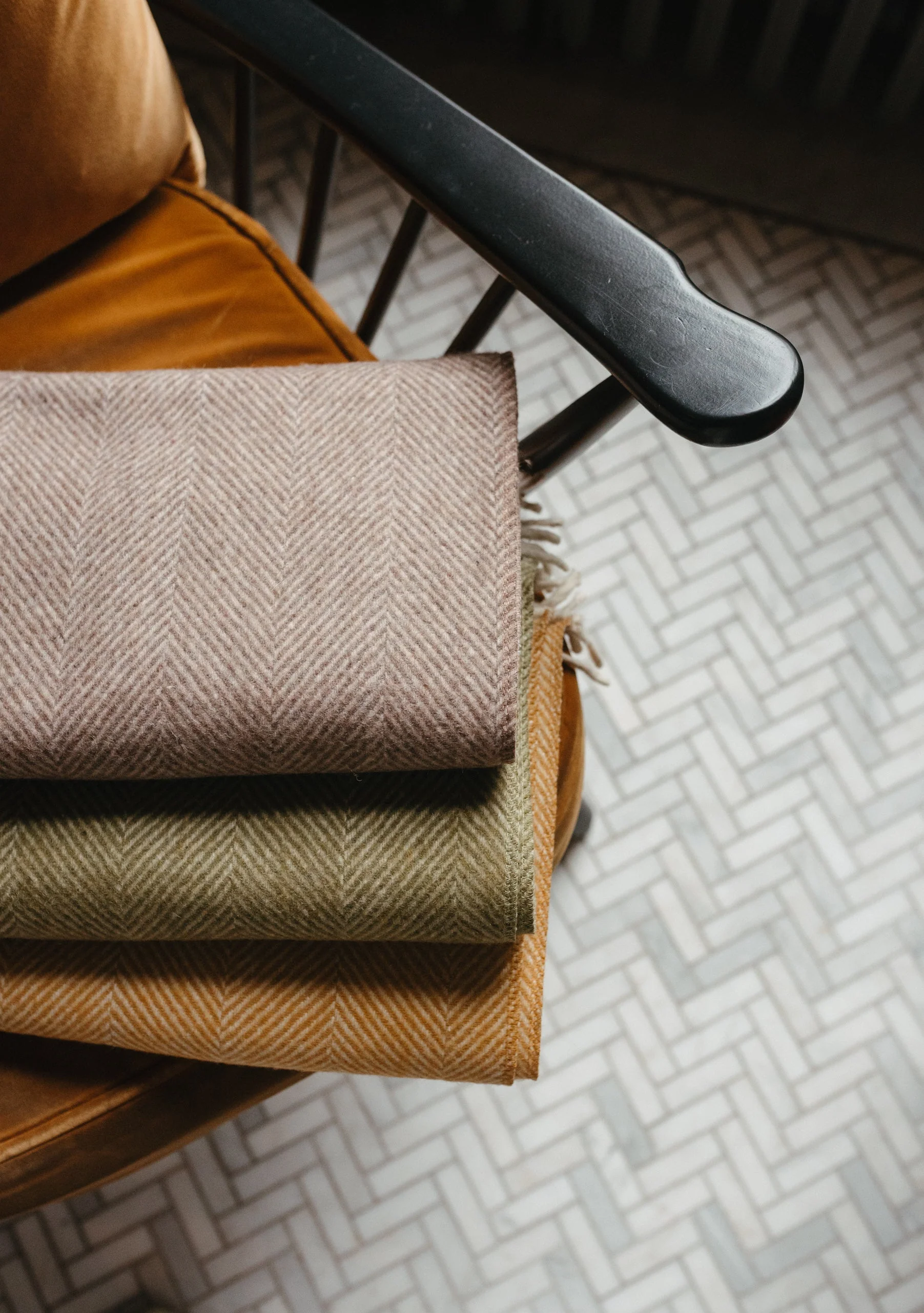 Recycled Wool Blanket in Mustard Herringbone - Image 3
