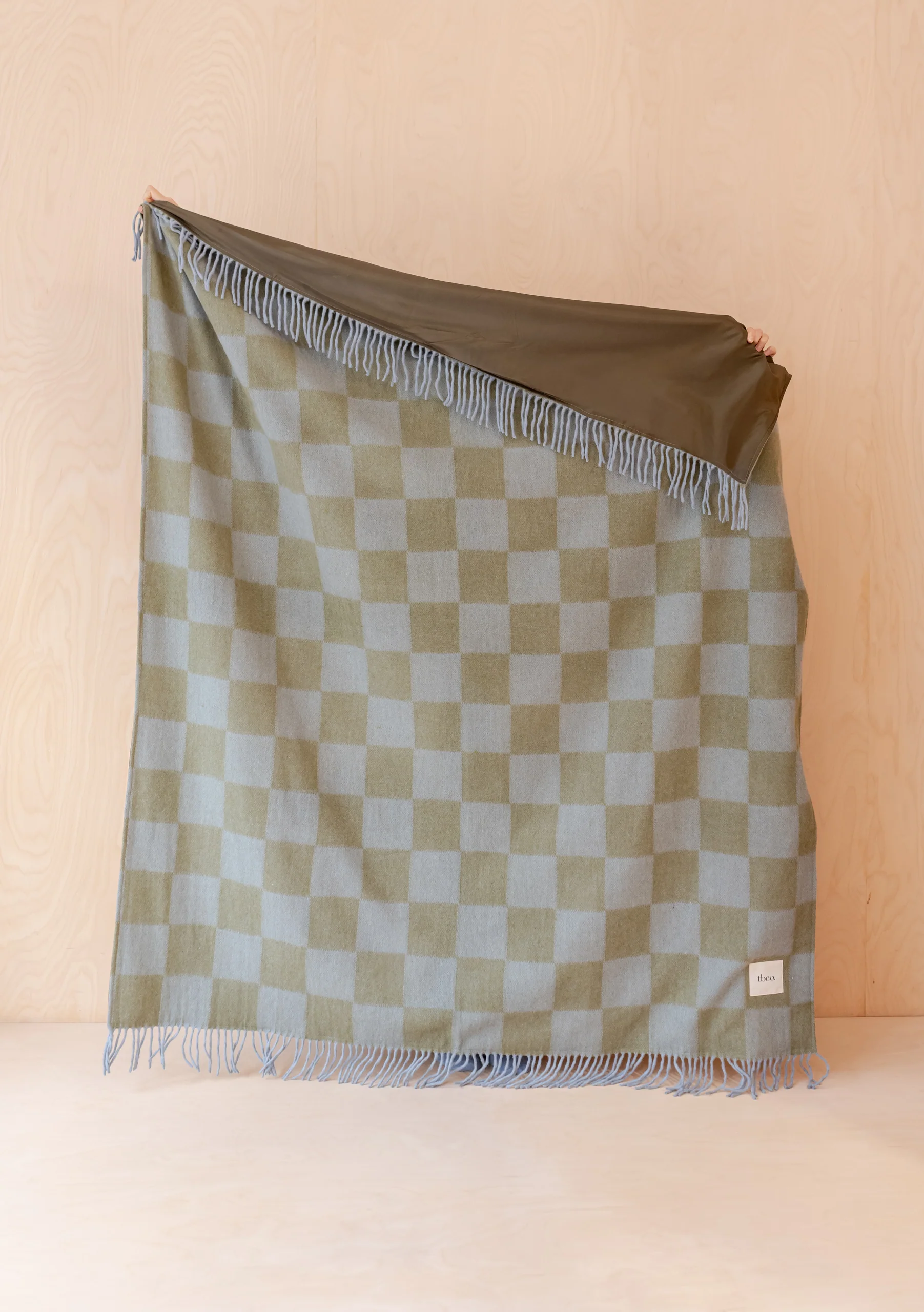 Recycled Wool Picnic Blanket in Green & Blue Checkerboard - Image 2